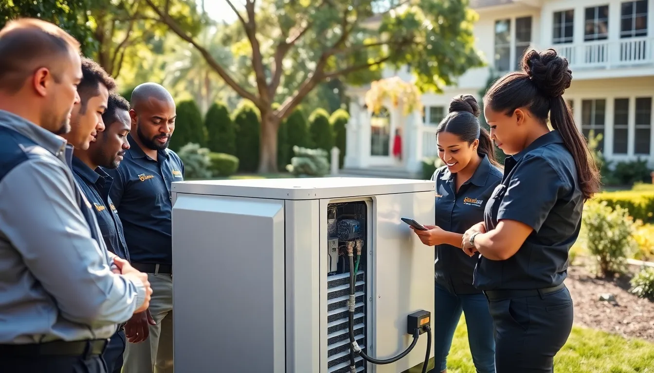 technicians inspecting a whole home generator in a residential setting.