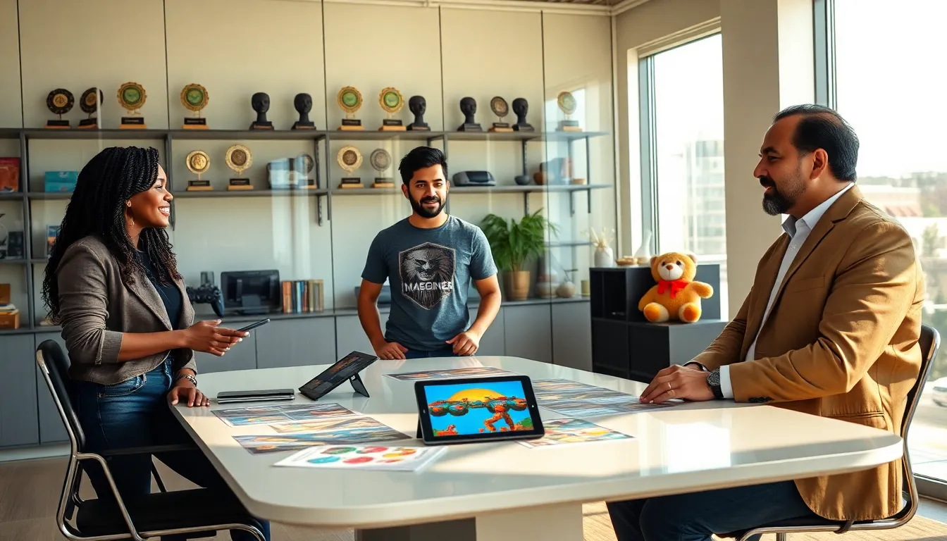 employees discussing game designs in a bright office environment.