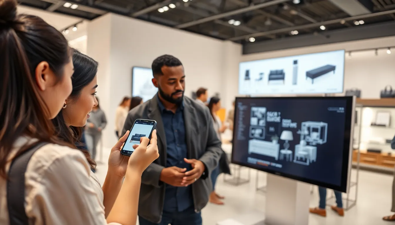customers using augmented reality for shopping in a modern retail space.