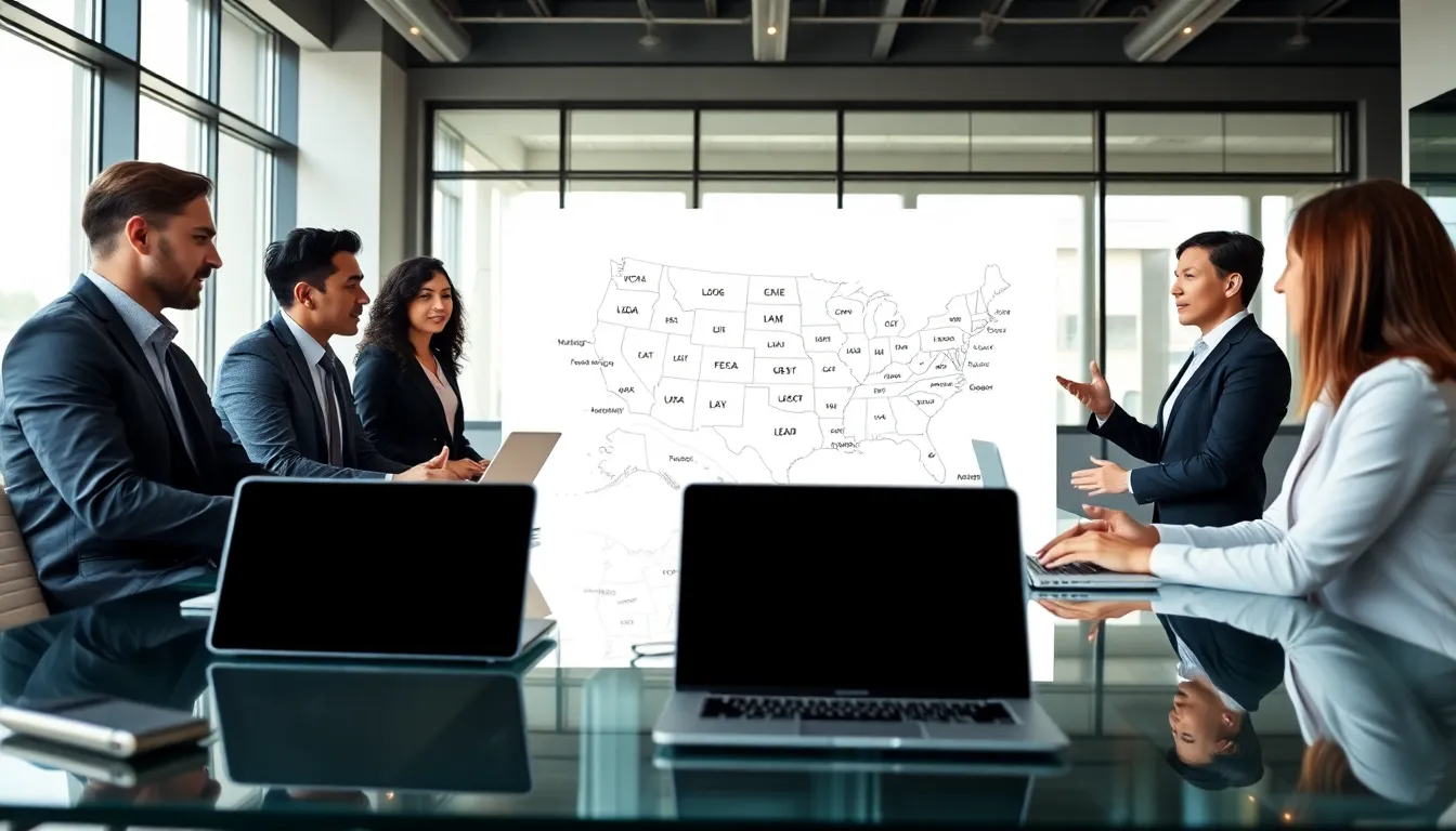 diverse professionals discussing area codes in a modern office.