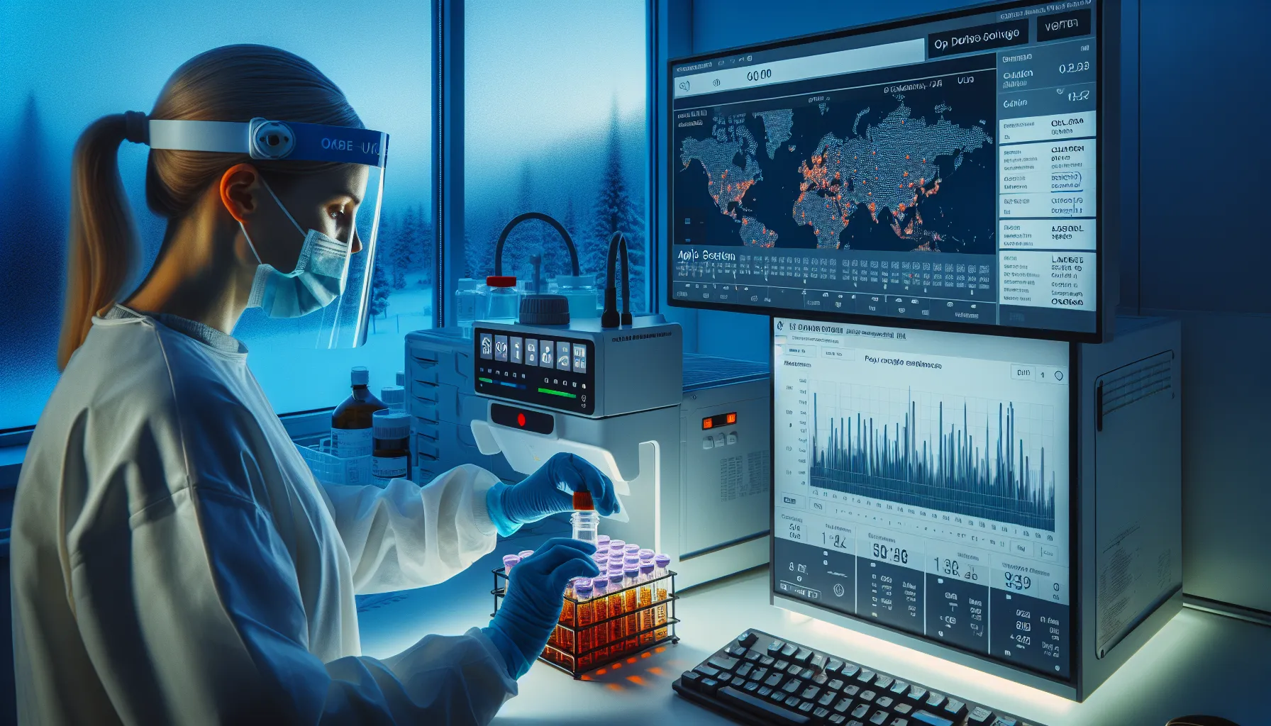 Lab scientist sequences norwegian wastewater sample with dashboards showing real-time outbreak data.