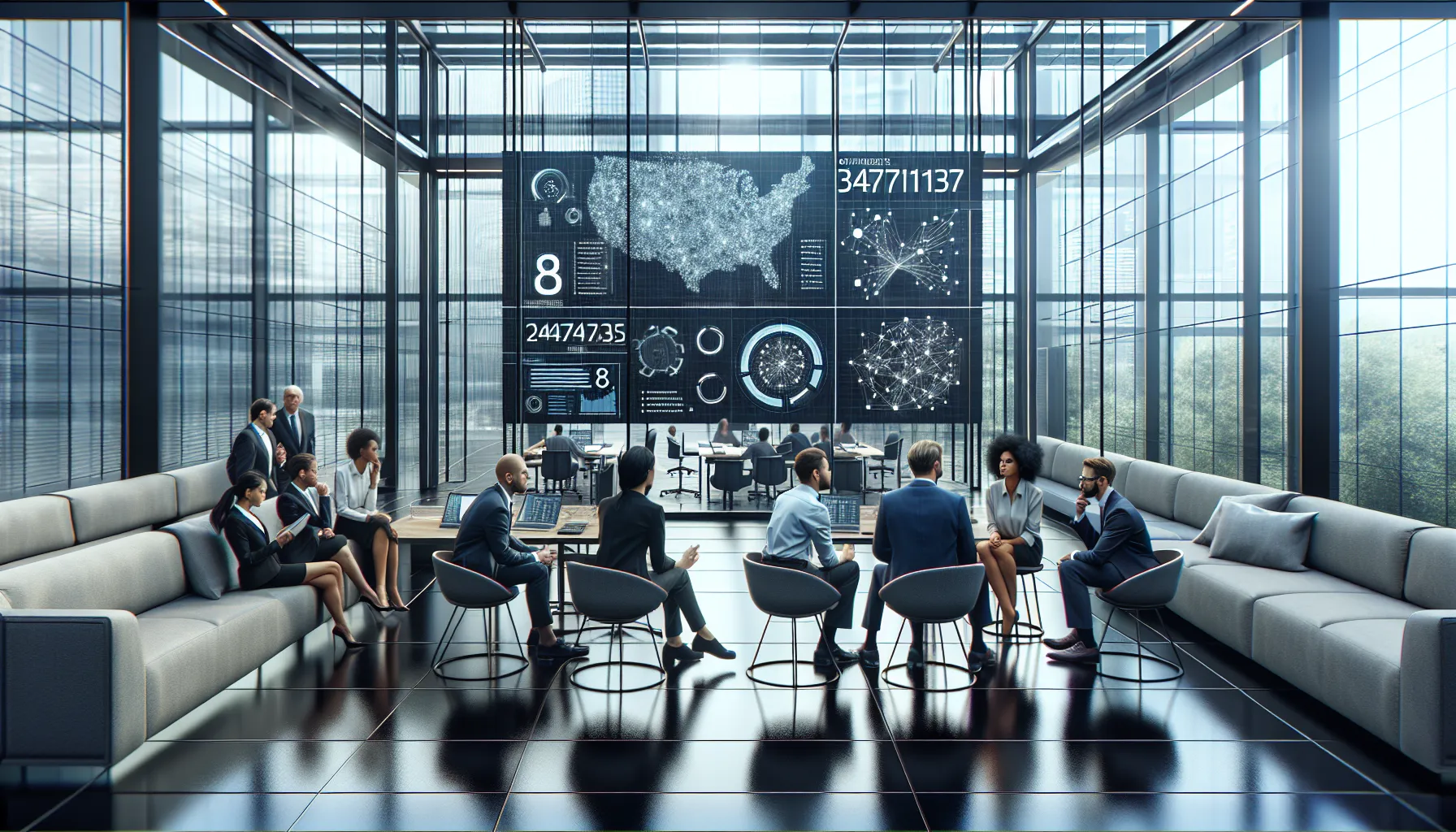 diverse professionals discussing data trends in a modern office.