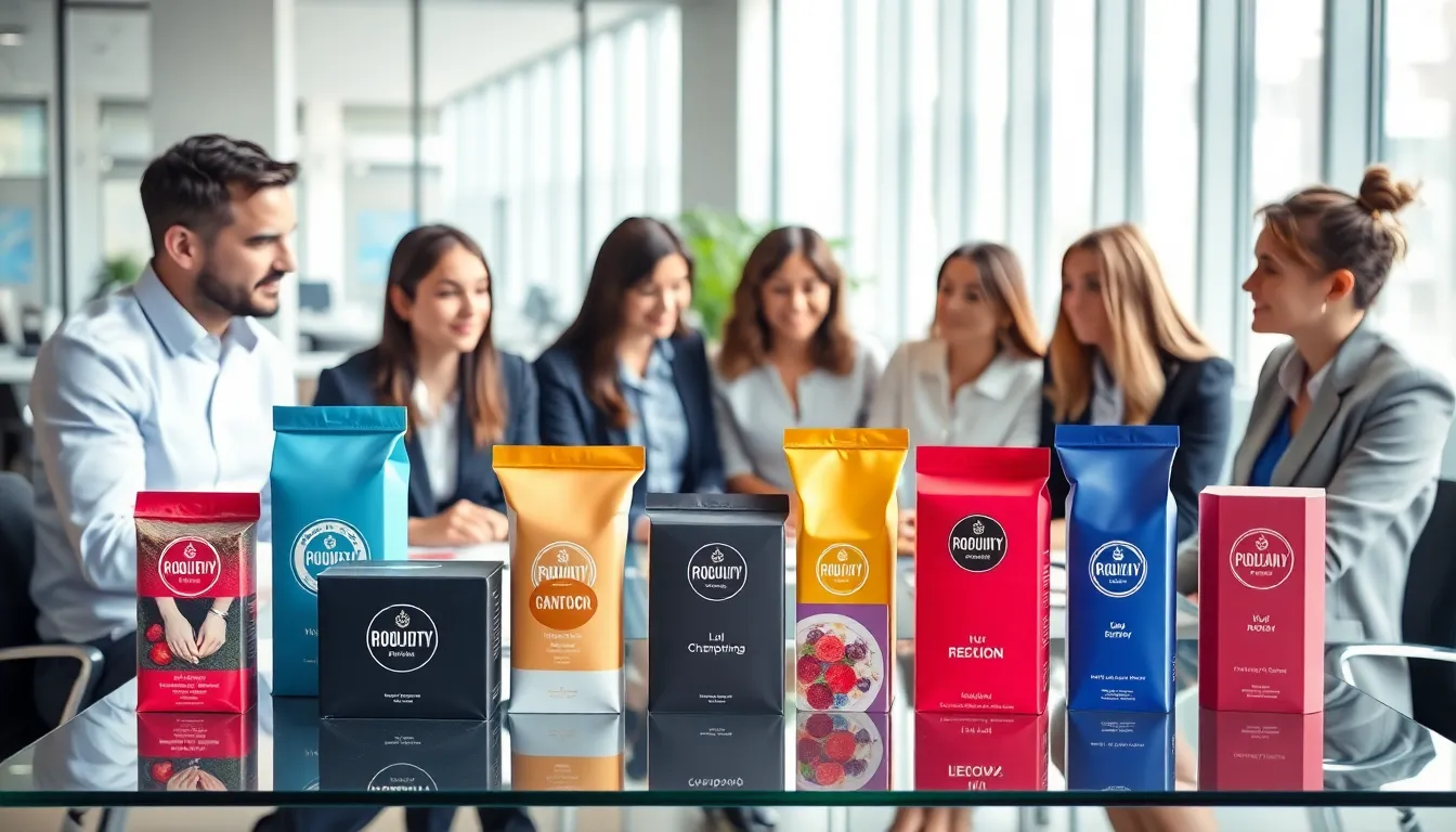 modern packaging designs displayed in a bright workspace with professionals.