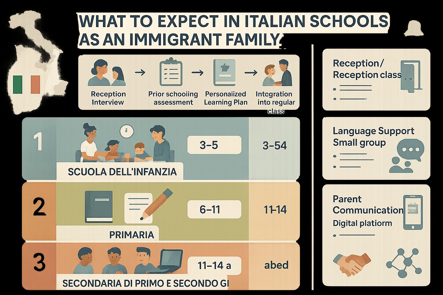 Infografica che mostra i livelli scolastici italiani, i passaggi di iscrizione e i servizi di supporto.