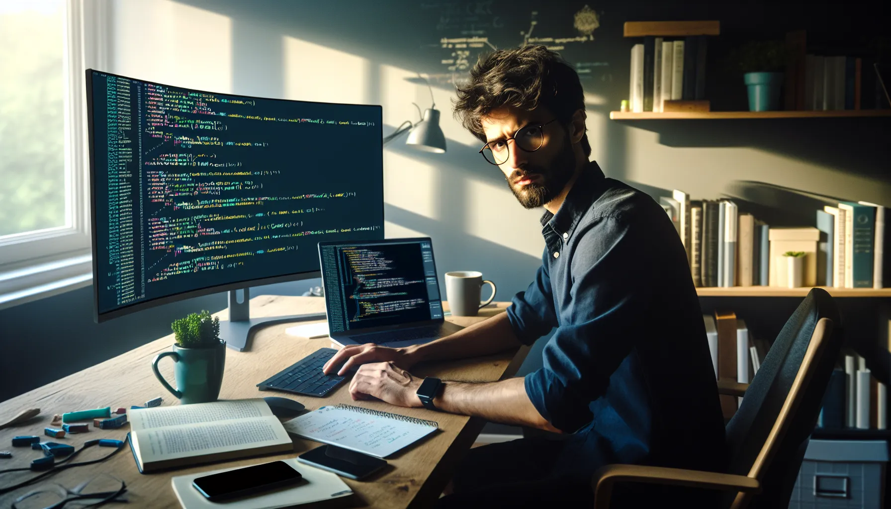Security analyst reviewing smart contract code on monitor in modern home office.