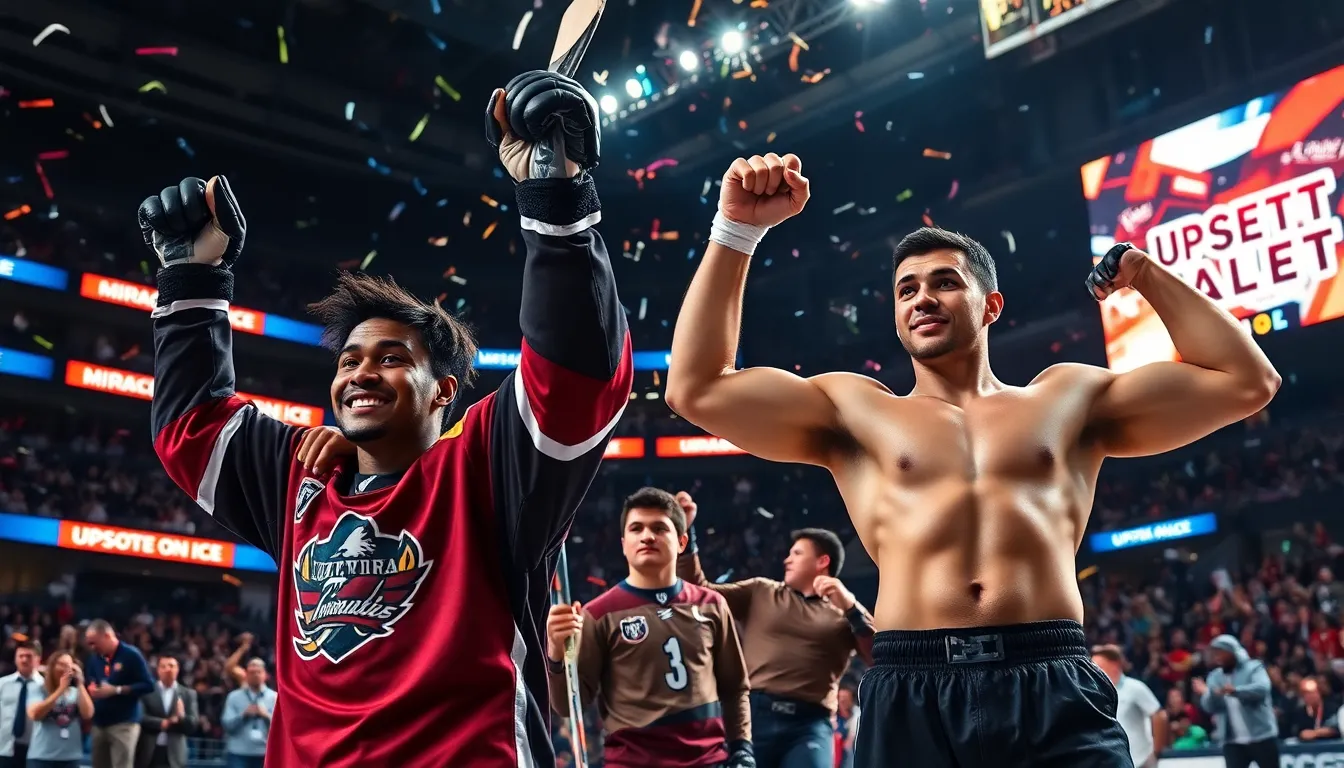 athletes celebrating an unexpected sports victory in a packed arena.