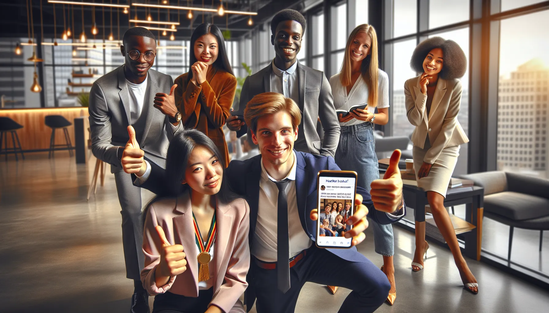 diverse group celebrating achievements in a modern office.