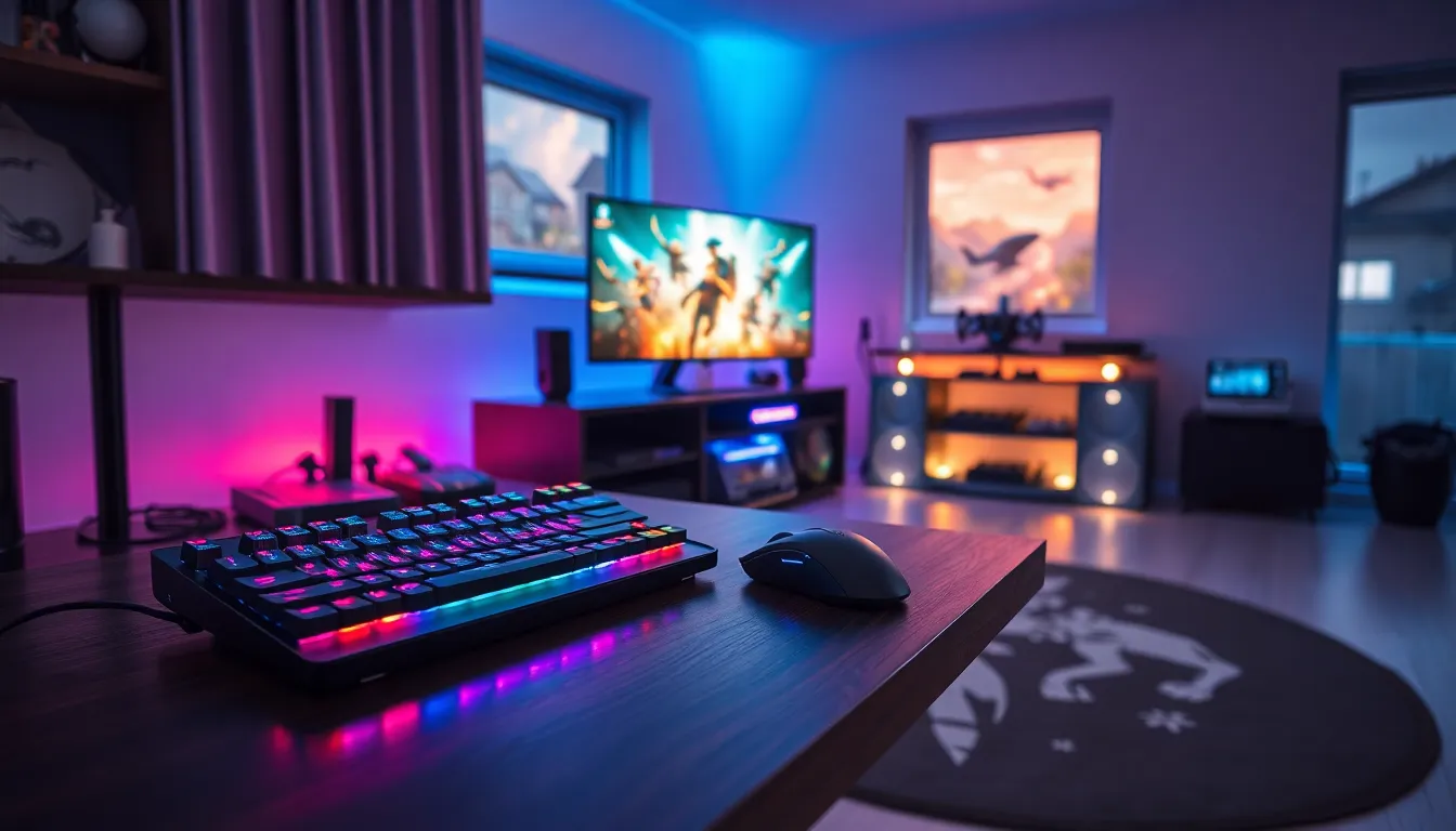 a modern gaming setup with various high-tech gadgets and nostalgic consoles.