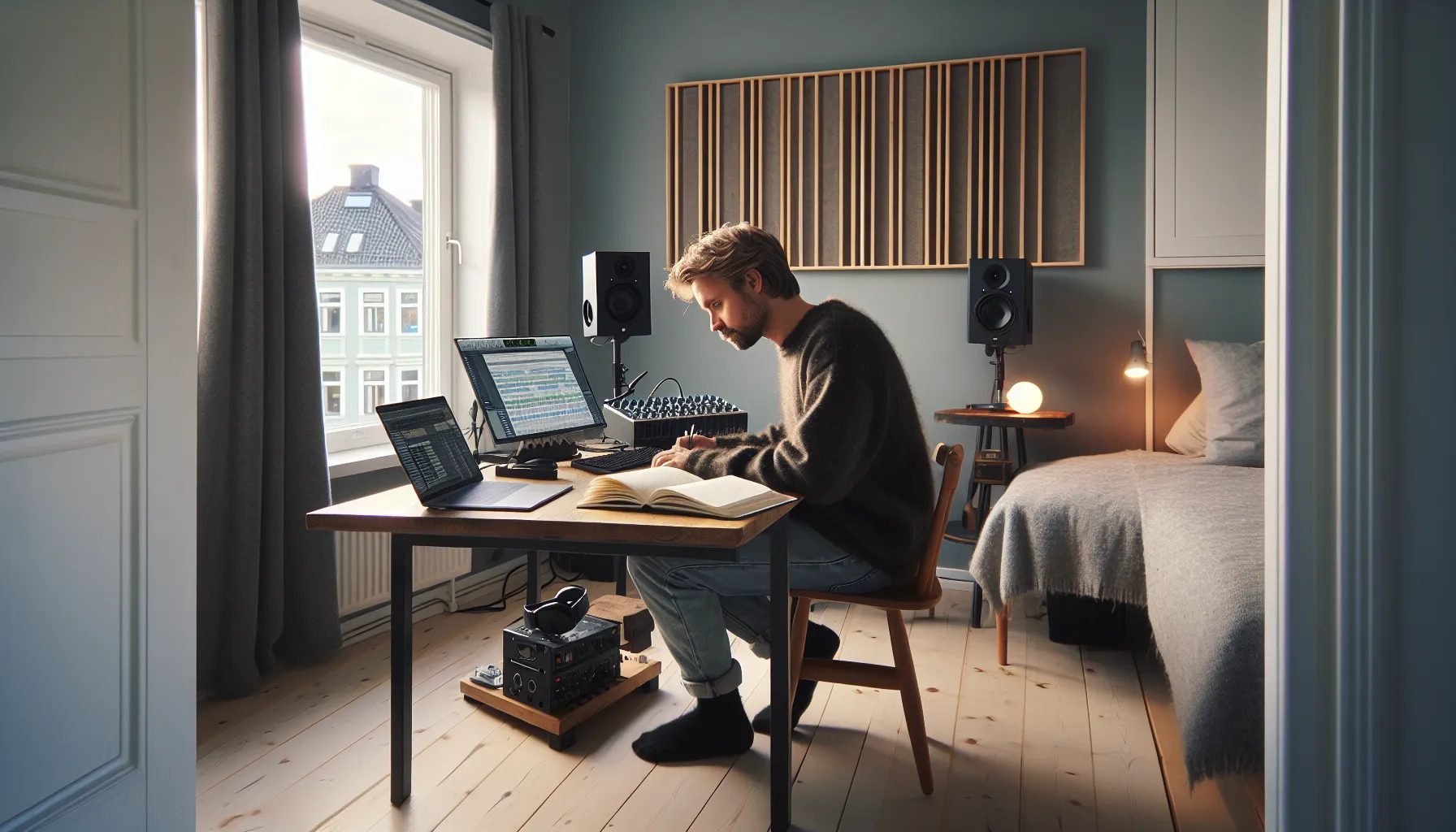 Hvordan velge riktig lydutstyr for hjemmestudioet ditt 2 Norwegian man planning budget and gear in a small, treated home studio room.