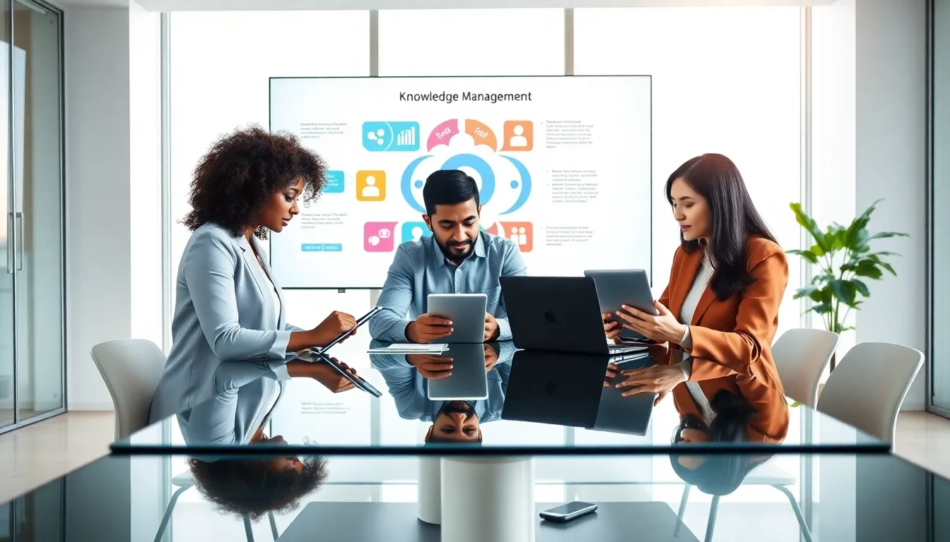 diverse professionals collaborating in a modern office on knowledge management.