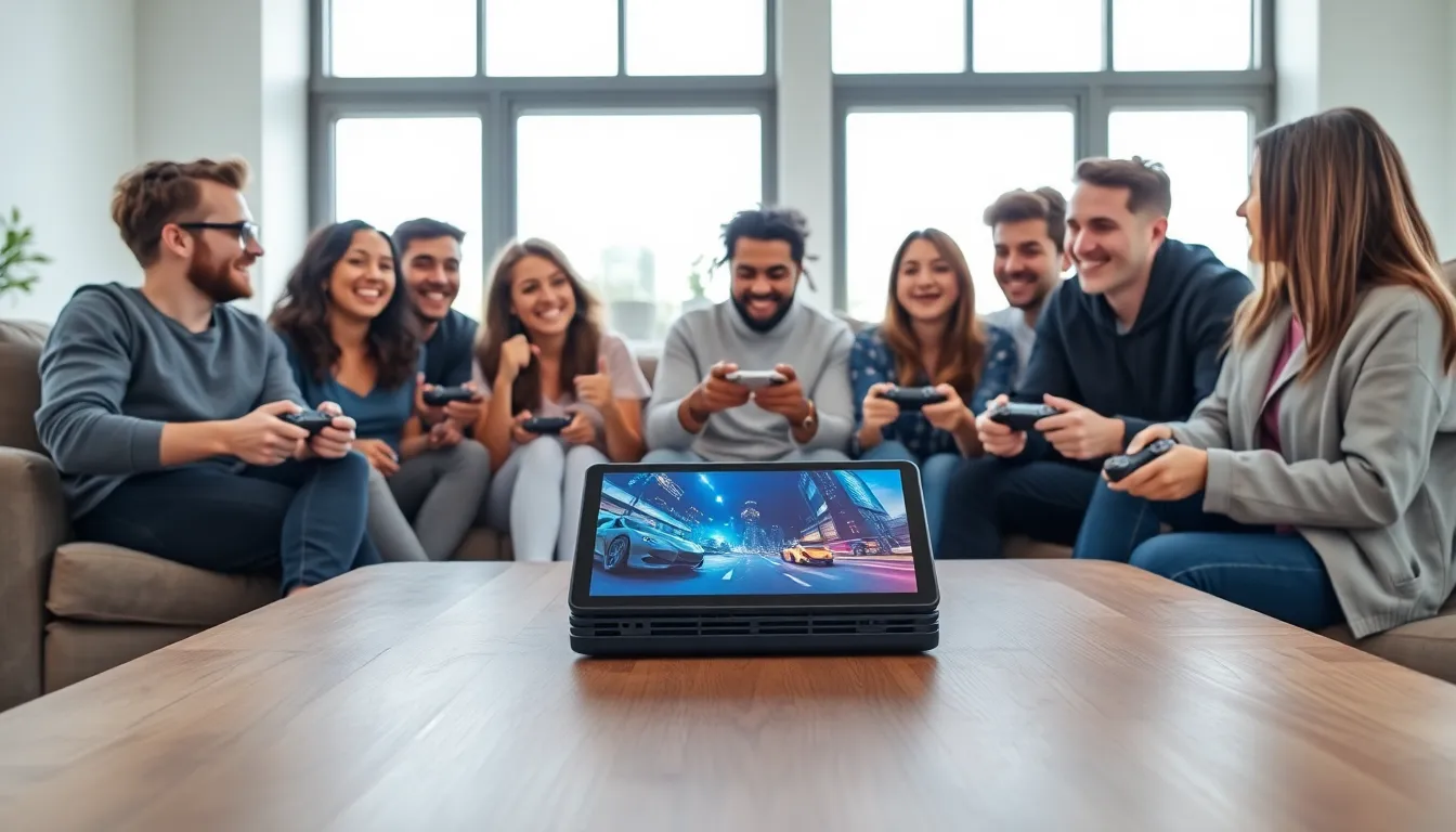 group of friends enjoying gaming with a portable PlayStation 4 in a modern living room.