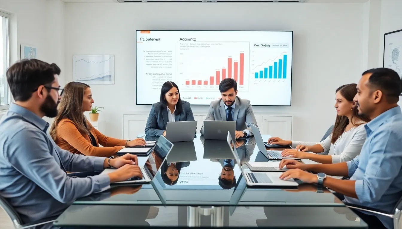 diverse accounting team discussing common abbreviations in a modern office.