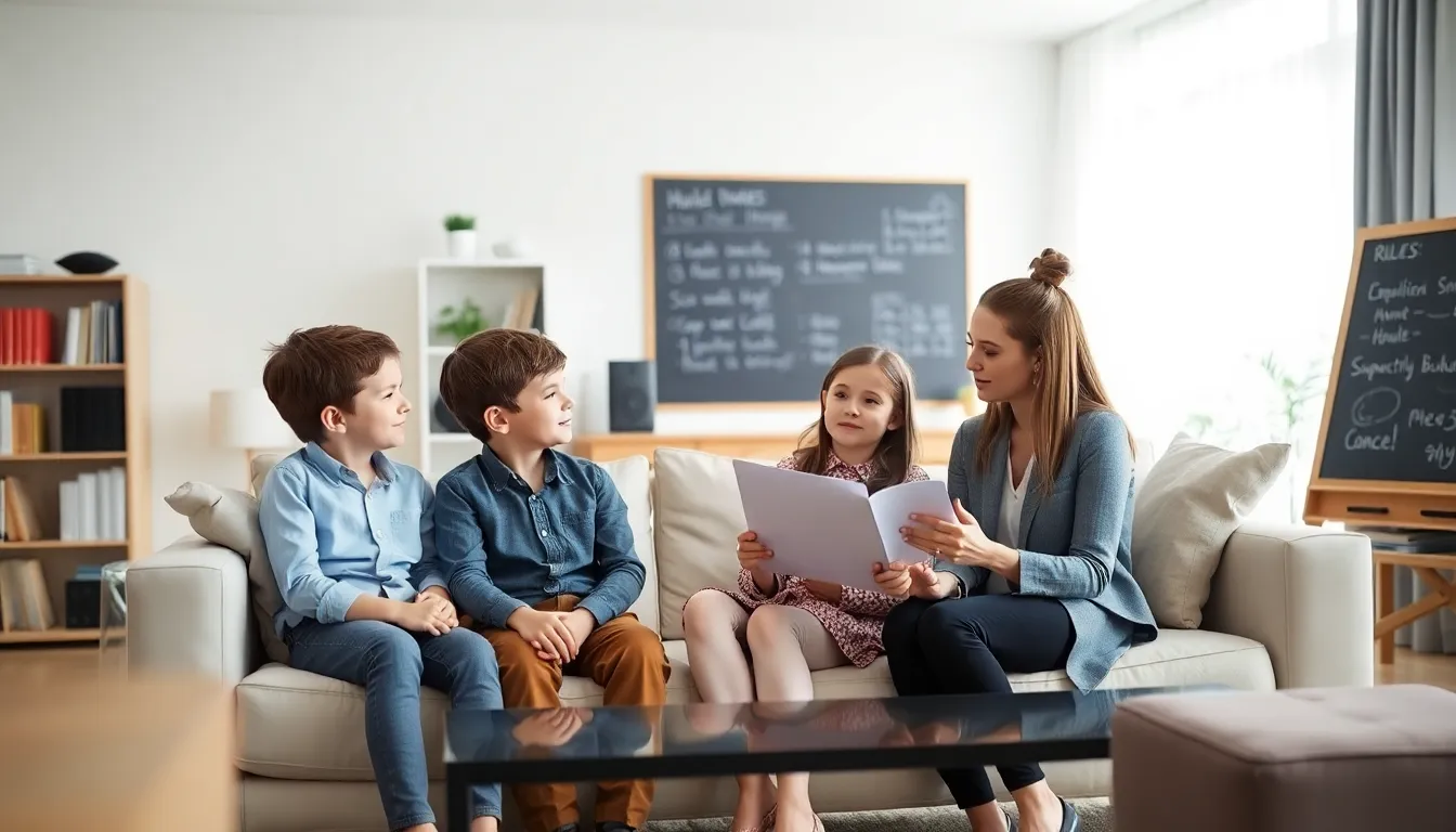 family discussing rules in a modern living room.