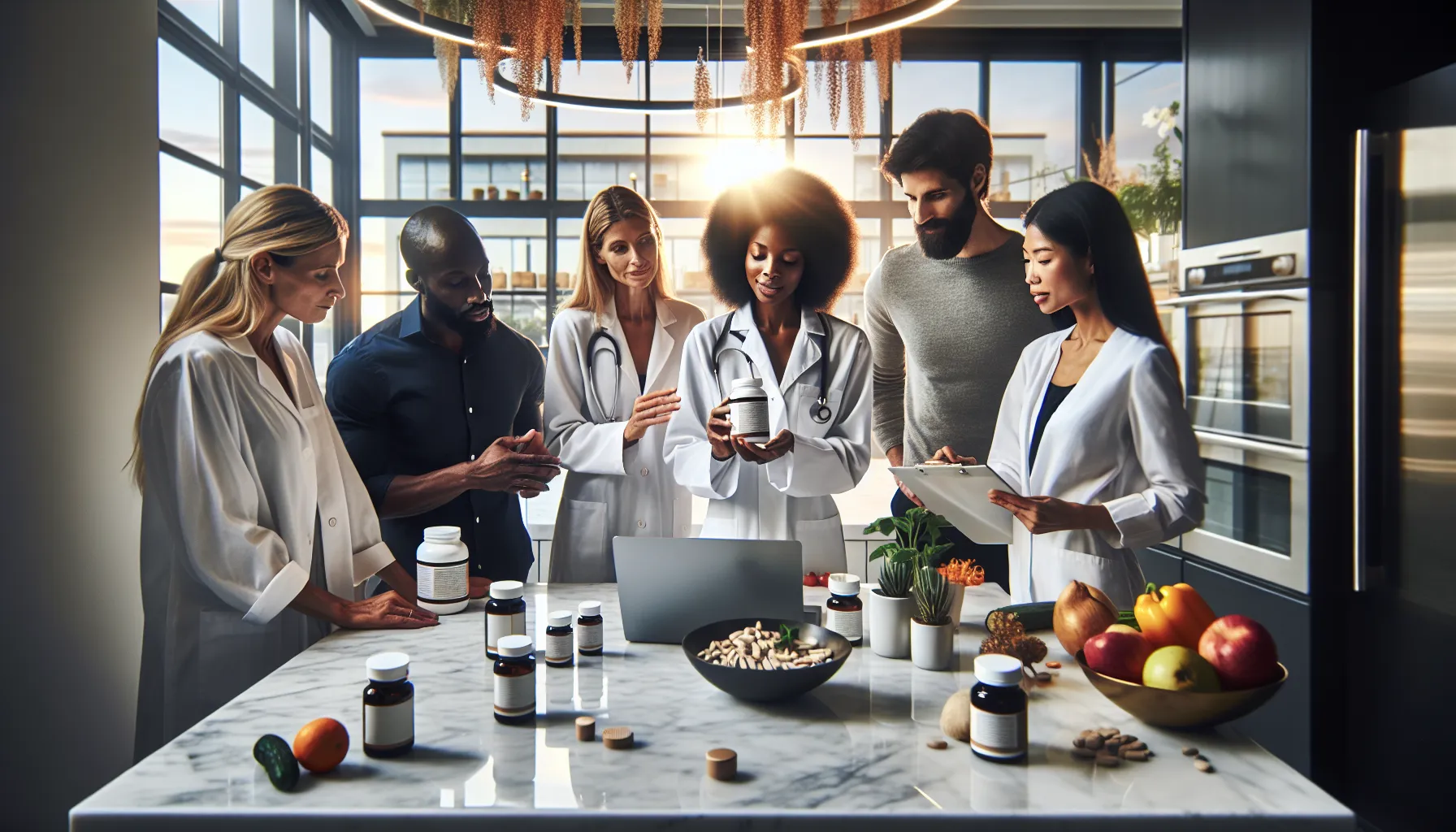 health professionals discussing Acutromon in a modern kitchen.