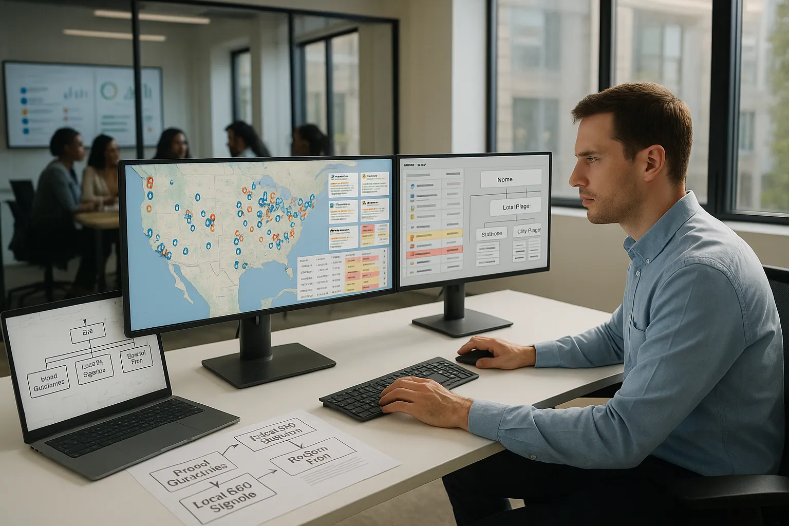 Marketing manager reviewing U.S. franchise location SEO data on multi-screen dashboards.