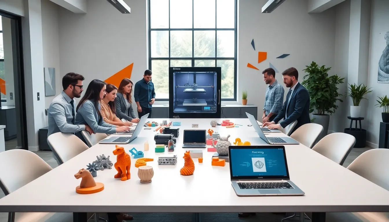 diverse team collaborating on 3D printing ideas in a modern office.