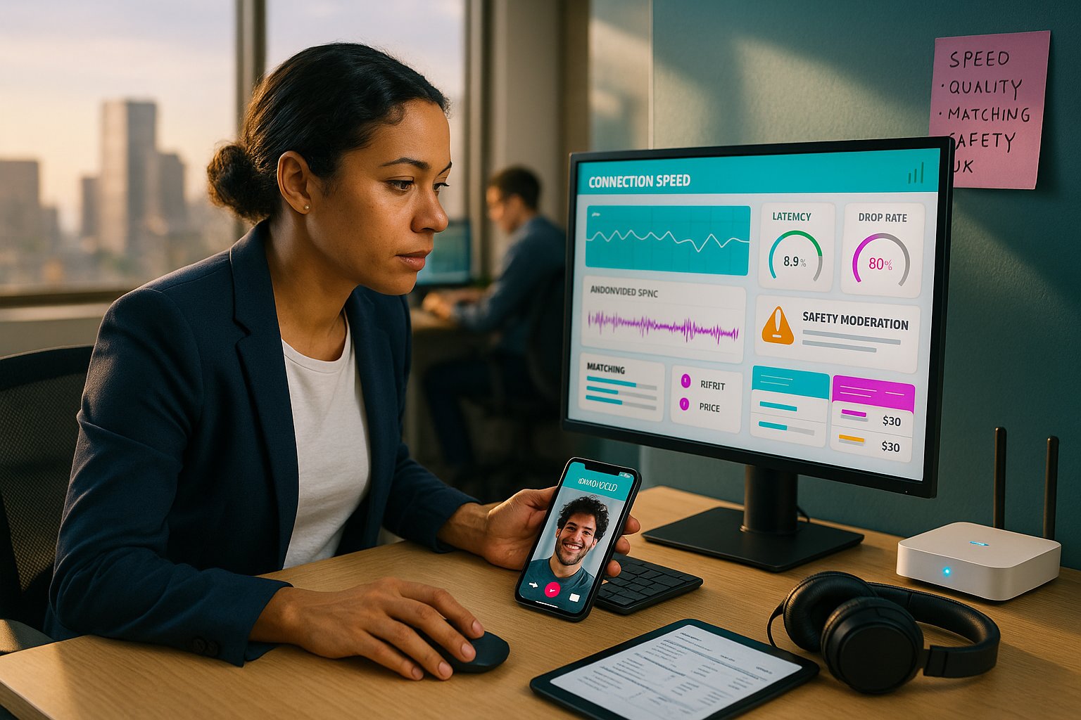Tester analyzing omgchat metrics on a monitor and phone in a lab.