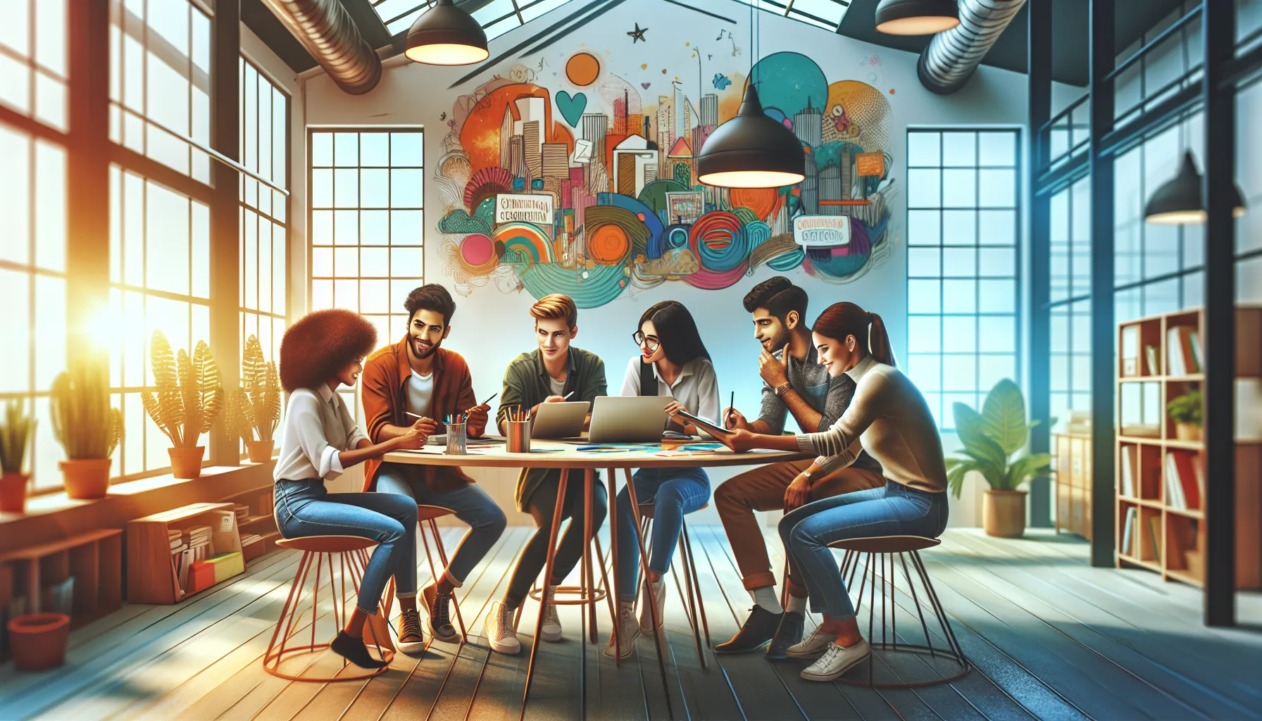 diverse group collaborating in a bright, artistic office setting.