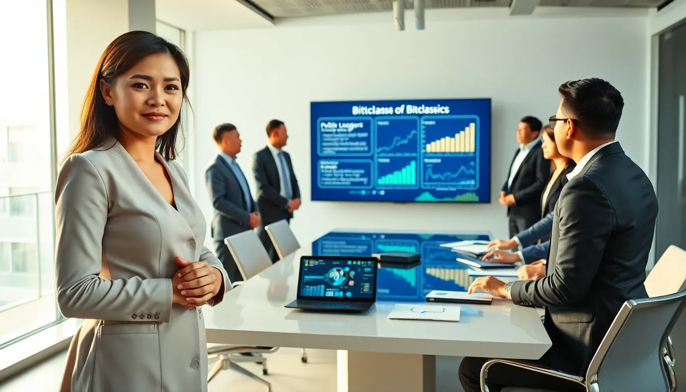 professionals discussing Bitclassic blockchain in a modern office.