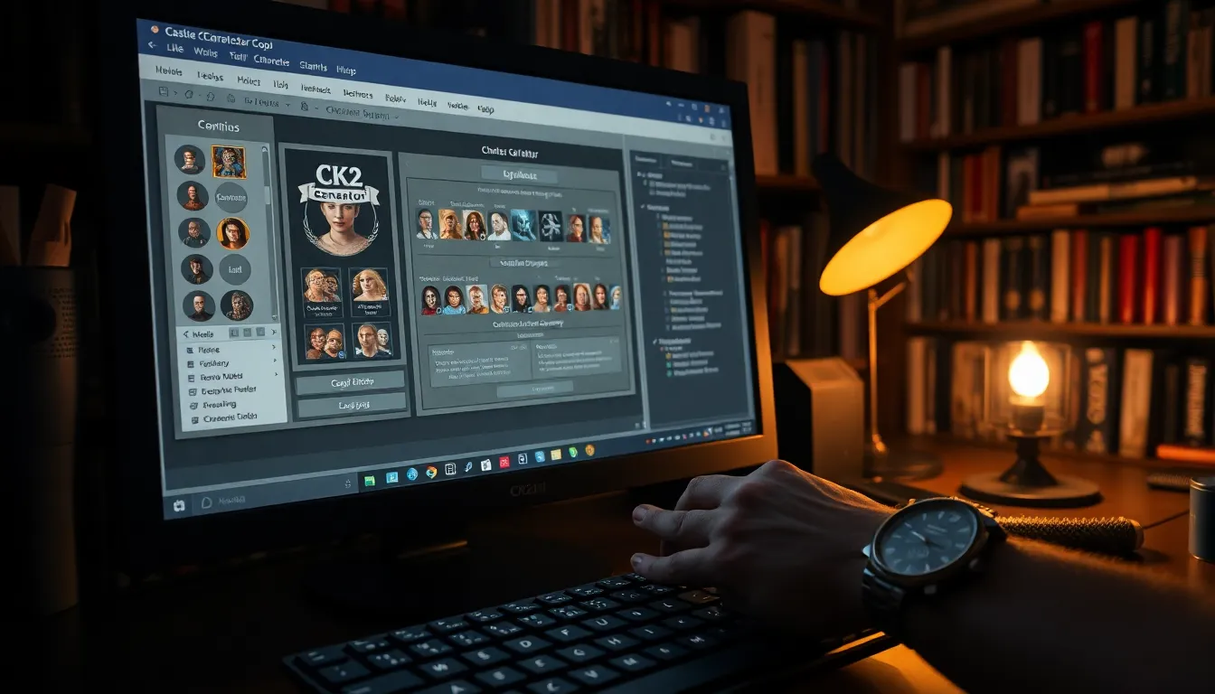 a person creating characters on a CK2Generator interface in a cozy gaming room.
