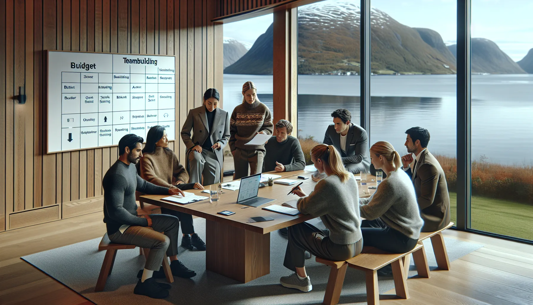 Colleagues in a norwegian lodge planning a balanced company trip itinerary.