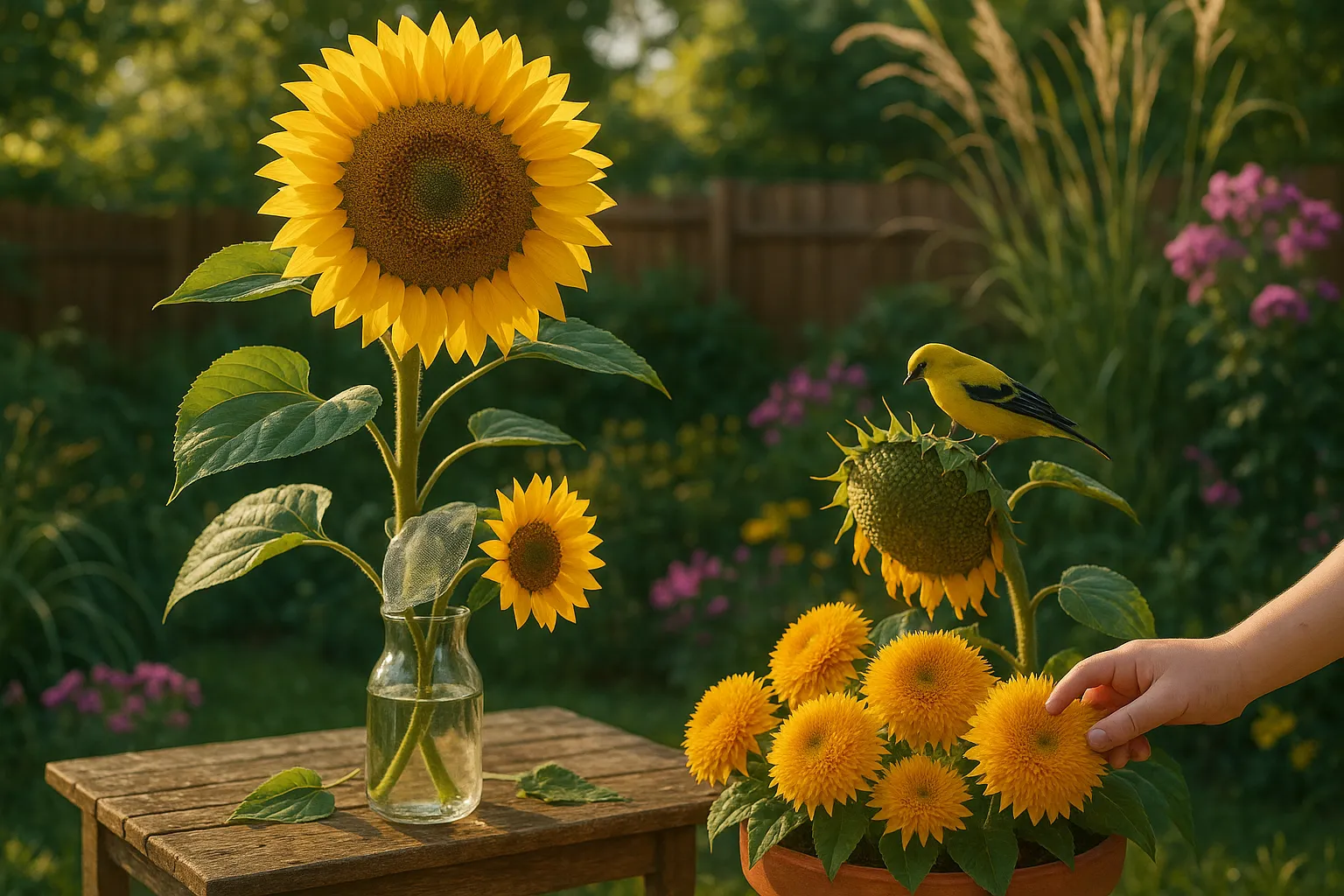 Mammoth sunflower dominates garden bed with Teddy Bear sunflowers and a child’s hand.