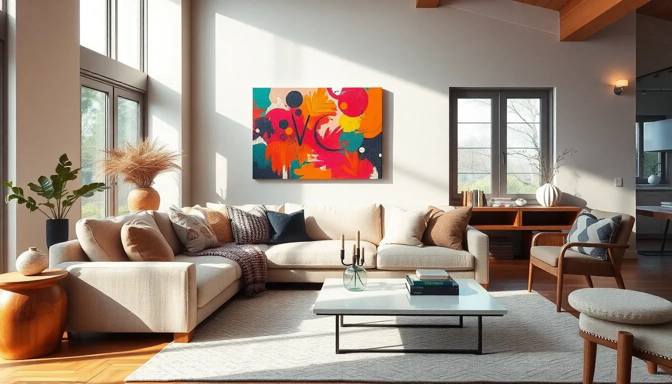 modern living room featuring canvas upholstery and artwork.