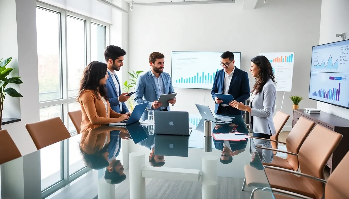 diverse marketing team collaborating in a modern office setting.