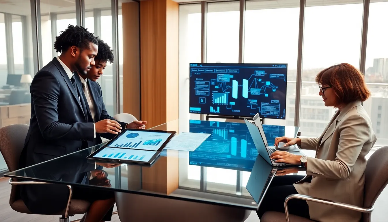 diverse legal team collaborating with artificial intelligence tools in a modern office.