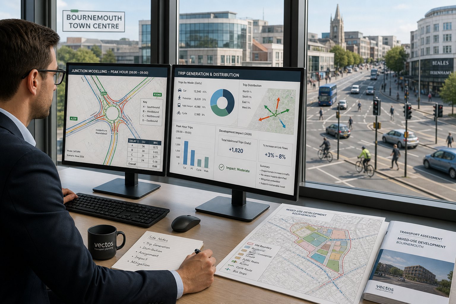 Traffic engineer reviewing traffic data and junction impacts in a modern office.