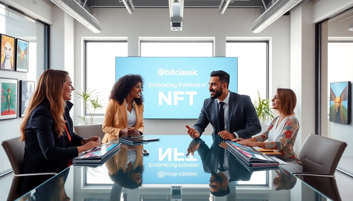 diverse team discussing NFTs in a modern office.