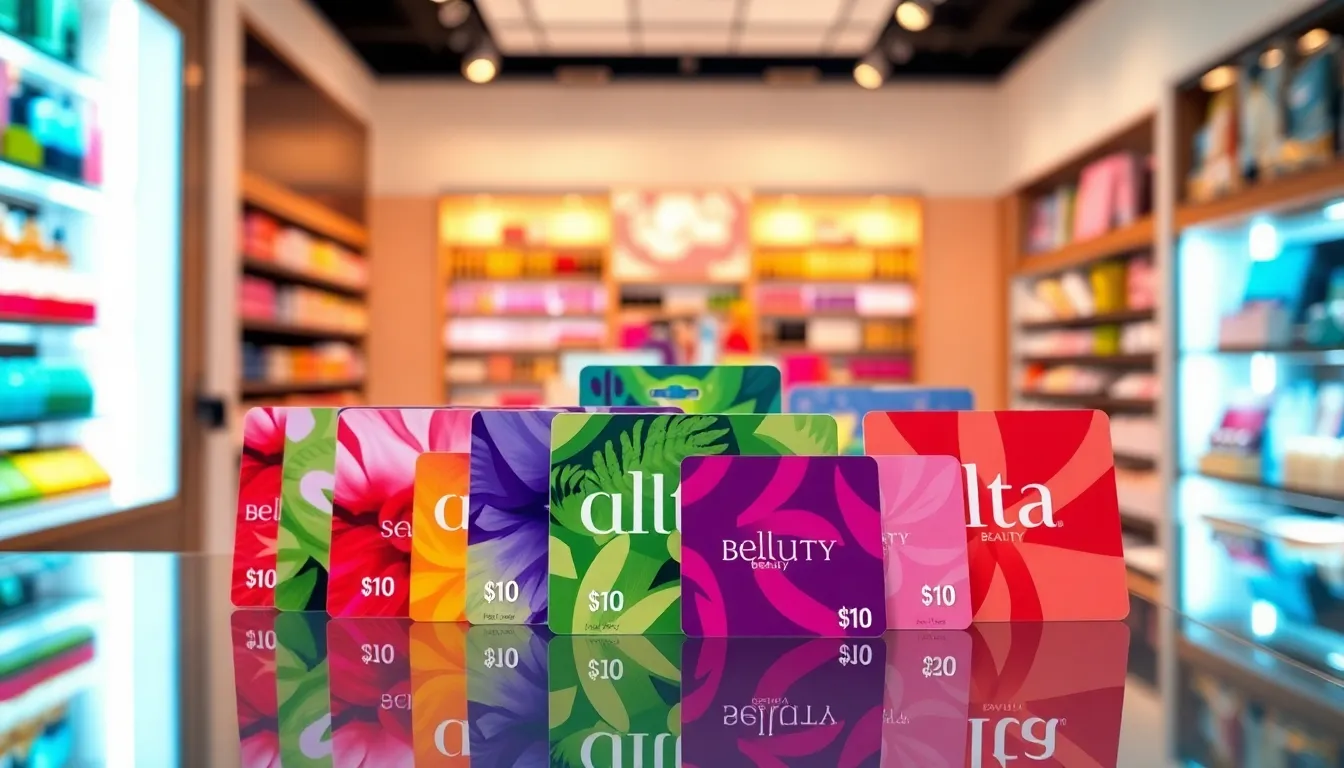 colorful Ulta Beauty gift cards on a modern display
