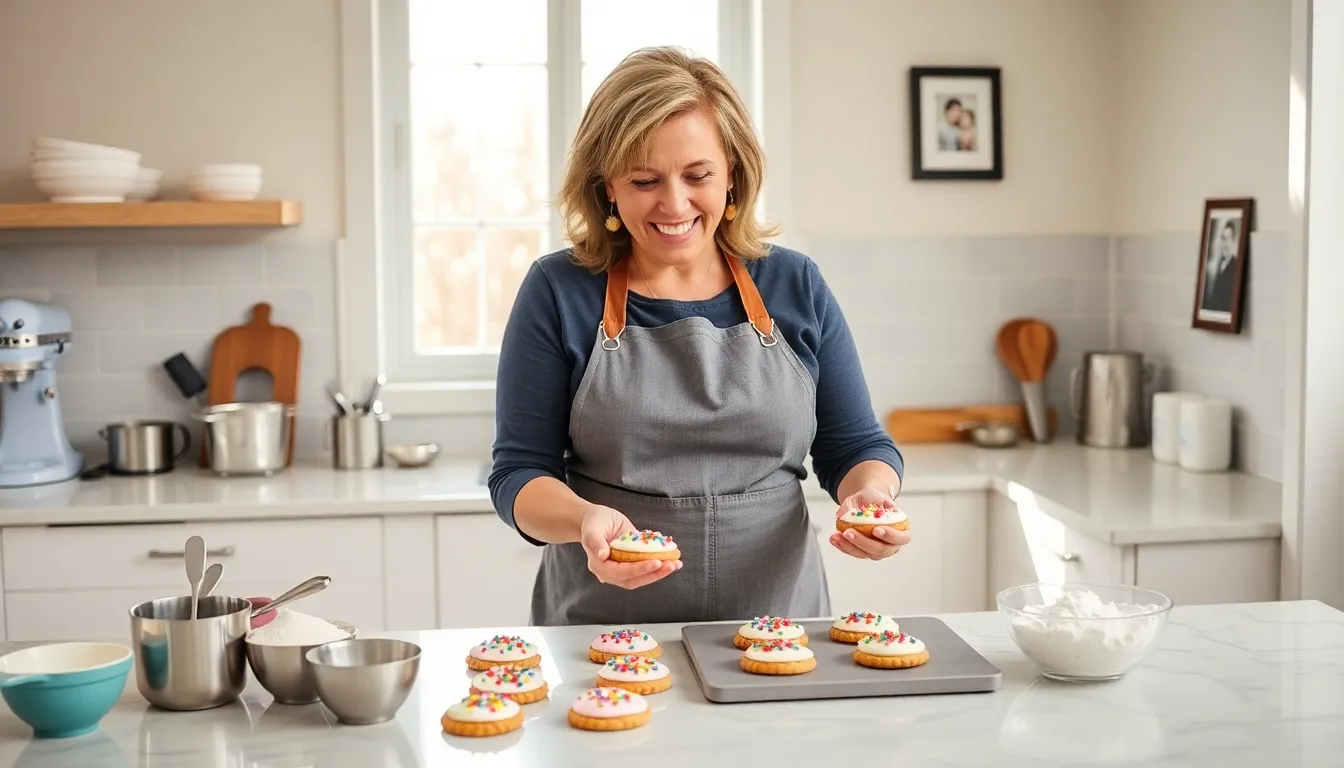 Mary Jackson decorating cookies in a bright, modern kitchen.