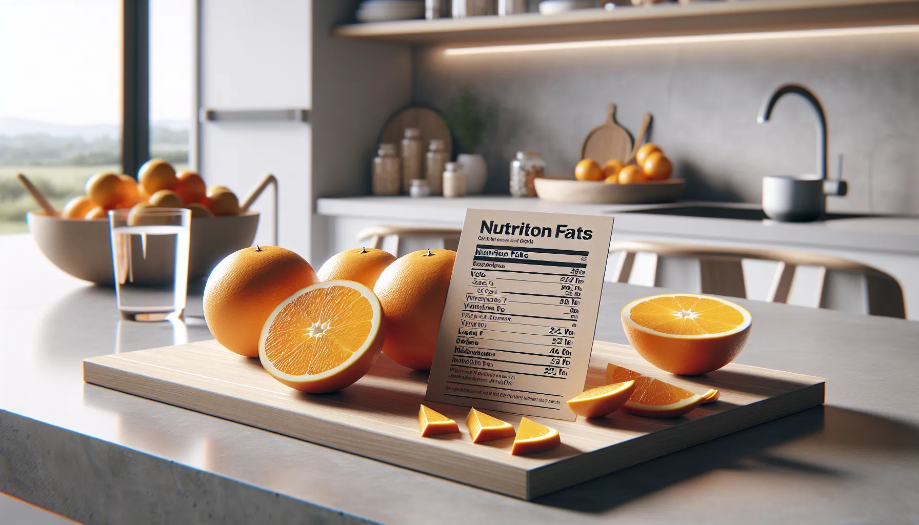 Fresh oranges with a nutrition card on a modern kitchen counter.