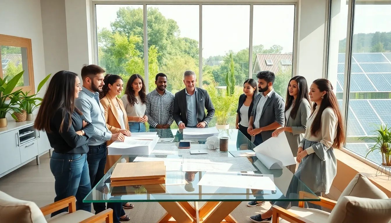 diverse builders discussing sustainable home designs in a modern workspace.