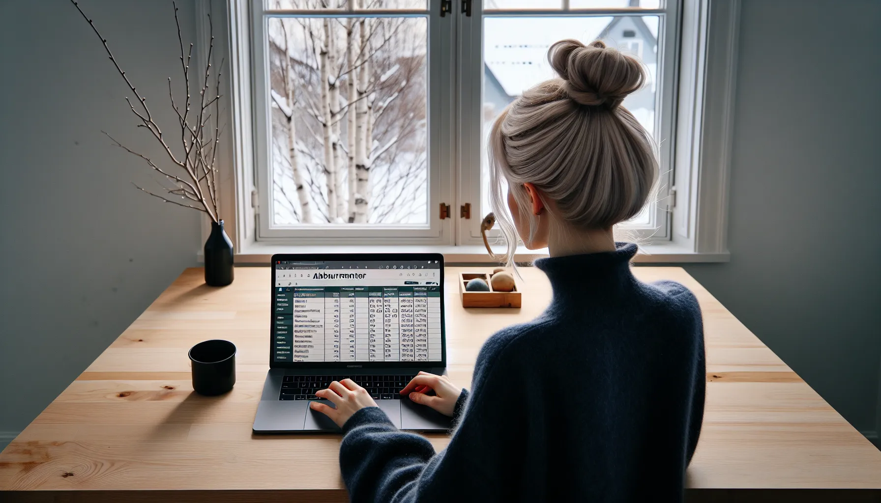 Norwegian woman reviewing subscriptions to save money on laptop and phone.