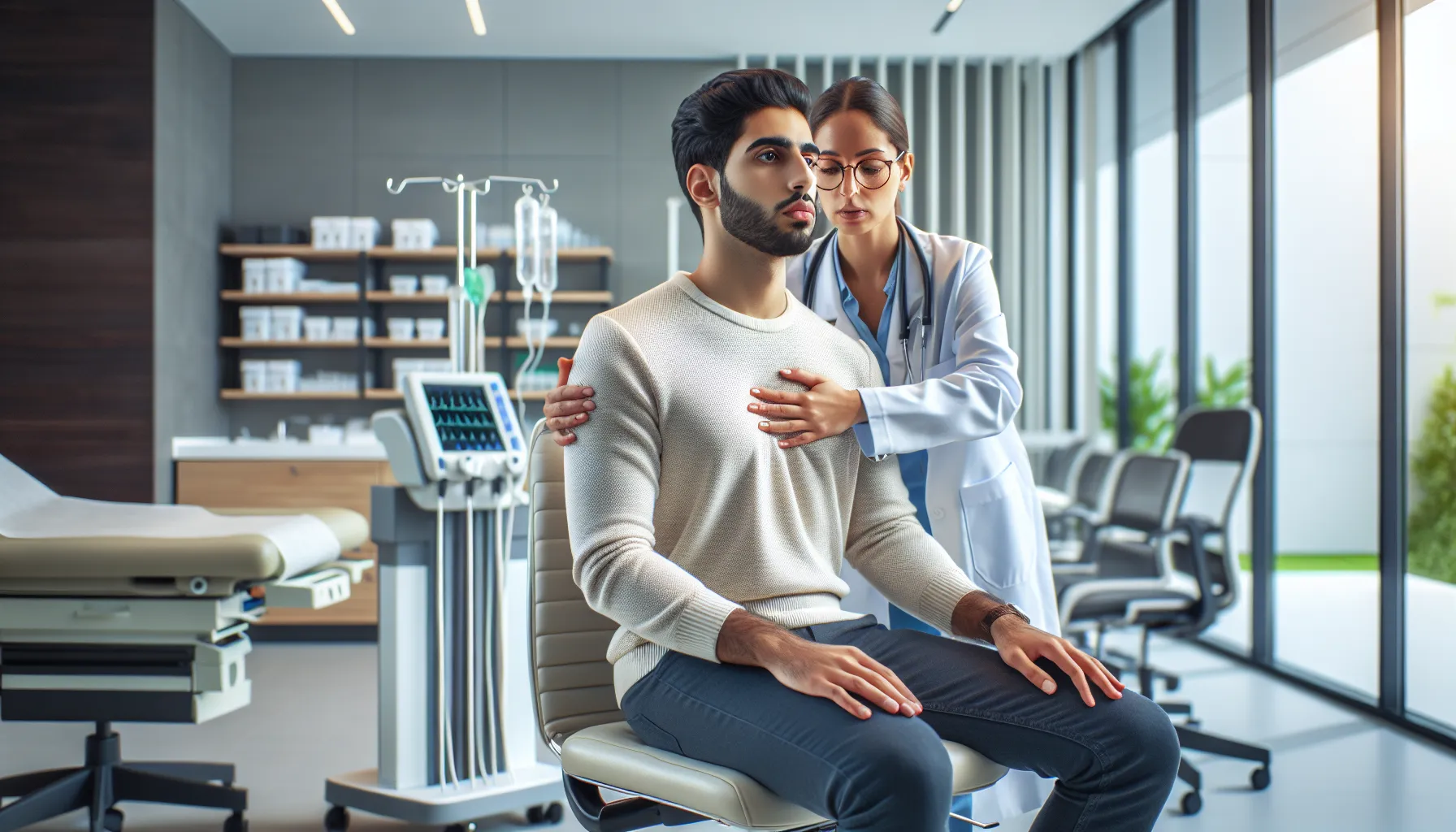 Patient experiencing dizziness during medical exam with doctor providing support