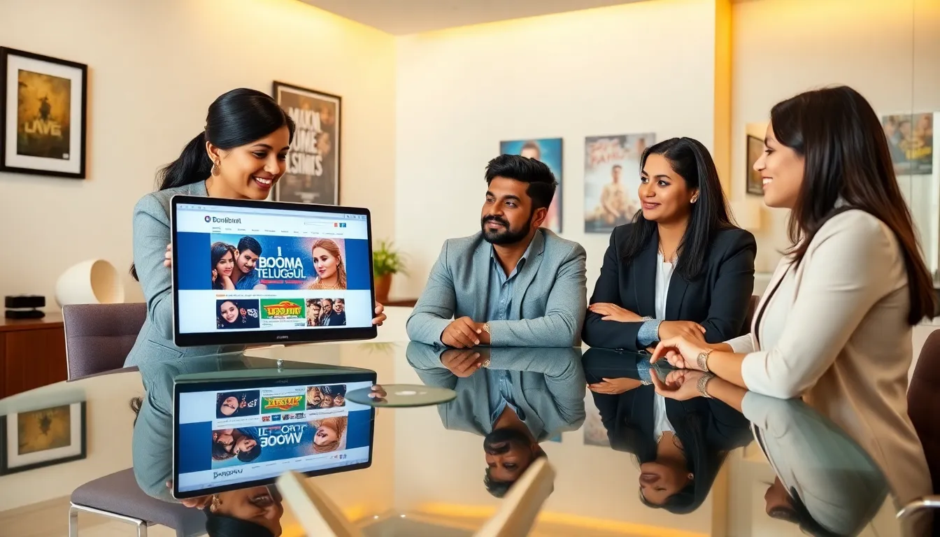 professionals discussing Telugu culture at a modern conference table.