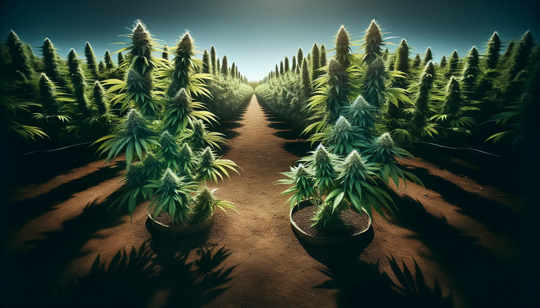 female and male cannabis plants in a garden highlighting their differences.