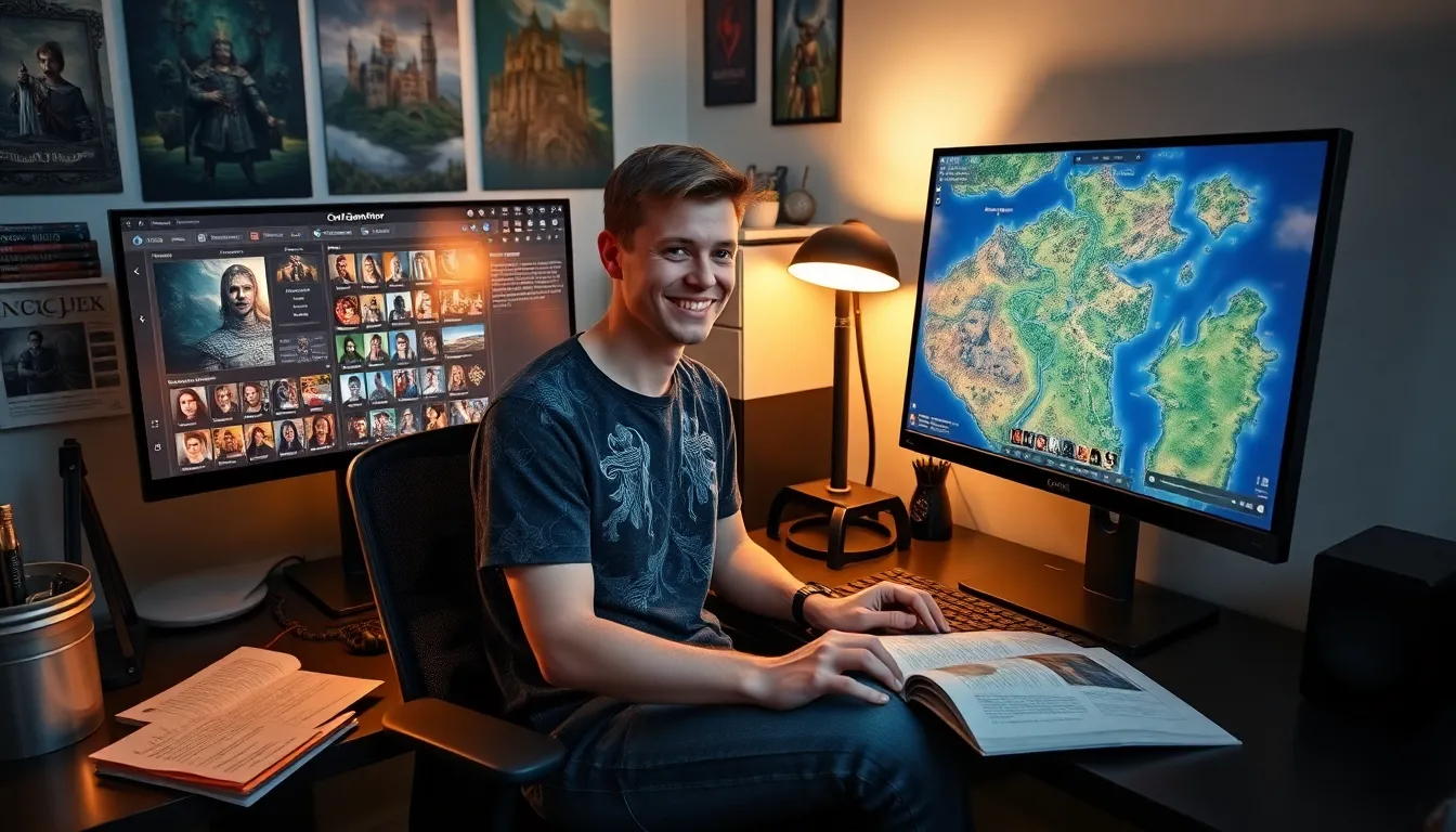 a young man enthusiastically using Ck2Generator for Crusader Kings II at his gaming desk.