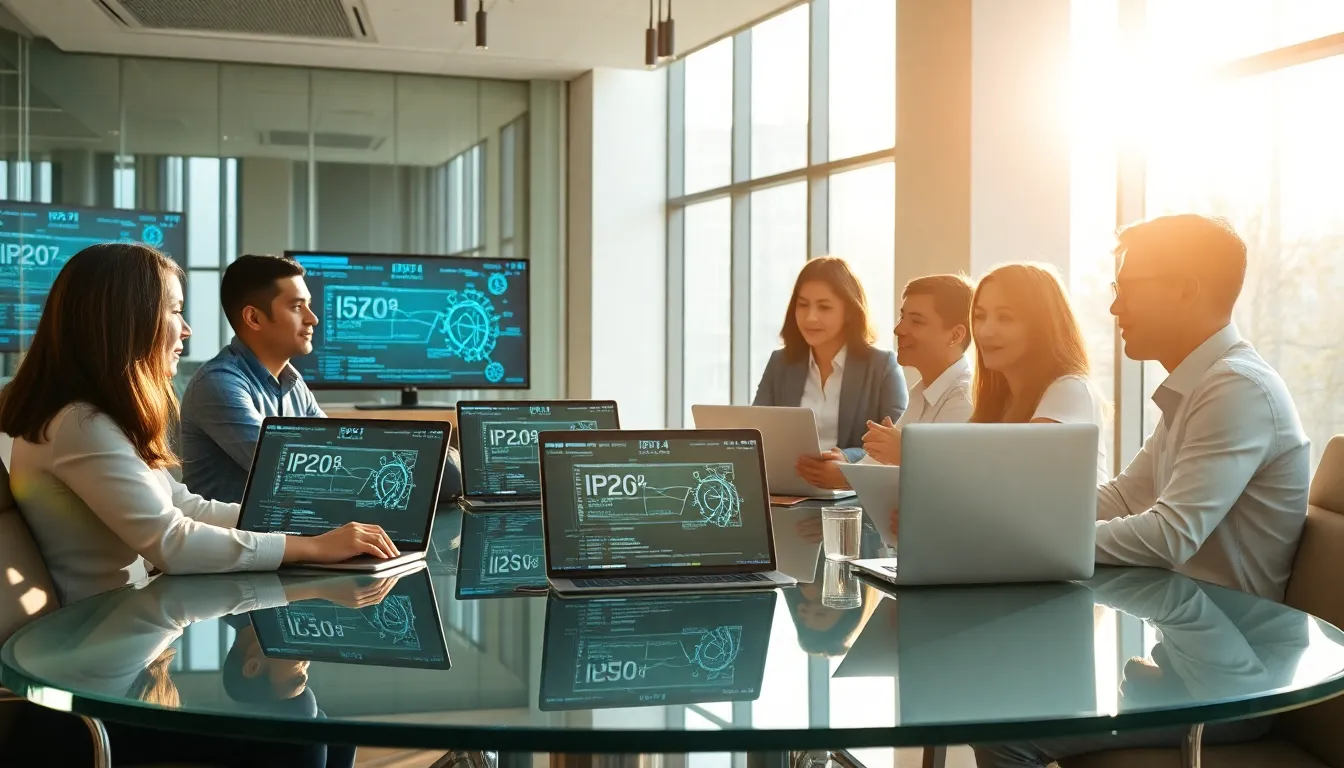 diverse IT professionals discussing IP addresses in a modern office.