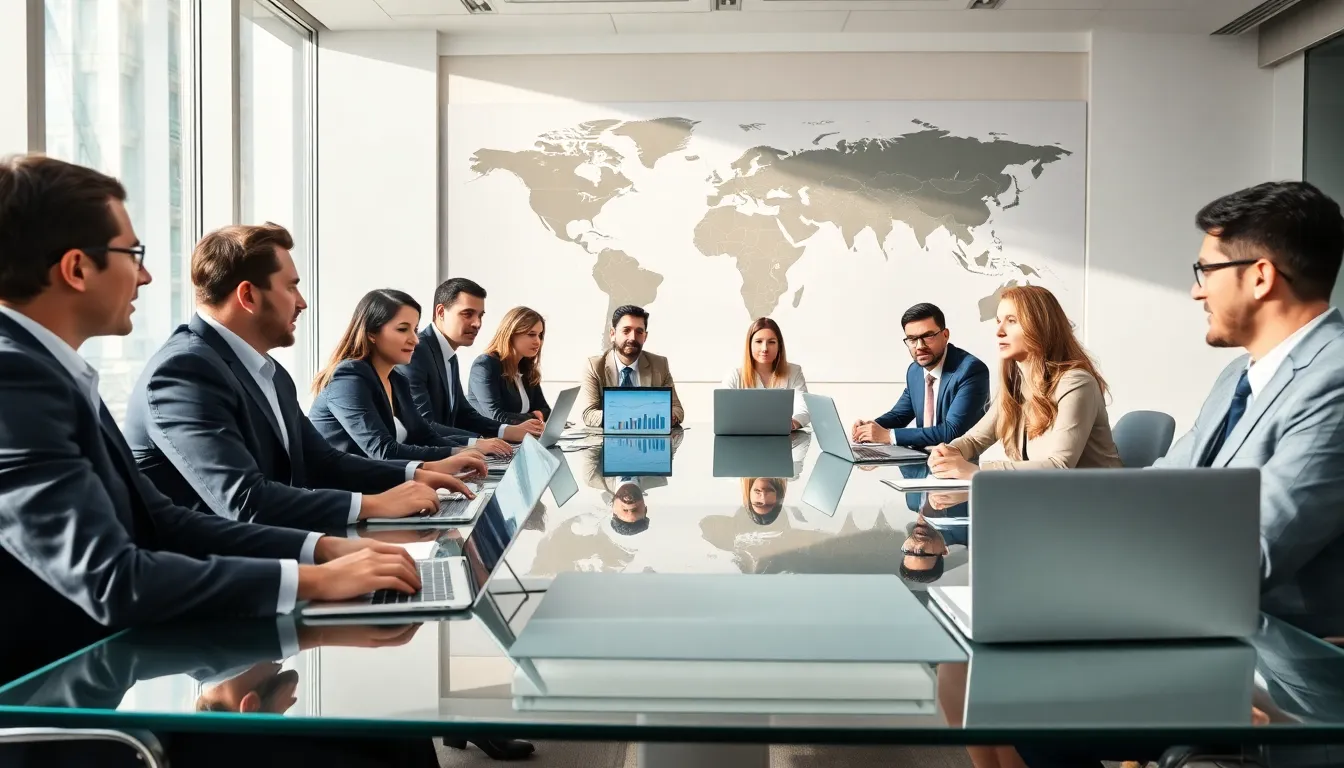 a diverse team discussing global affairs in a modern office.