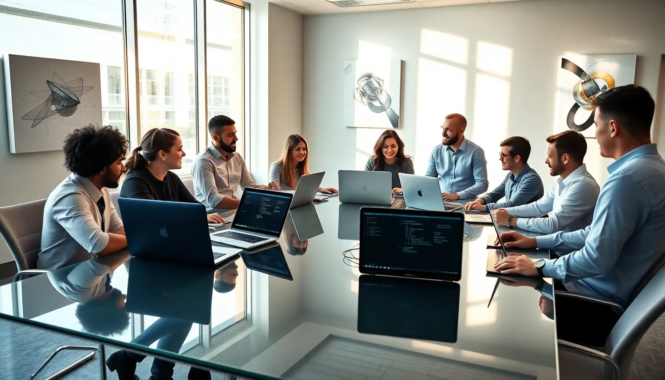 diverse team collaborating on AWS DevOps tools in a modern office.