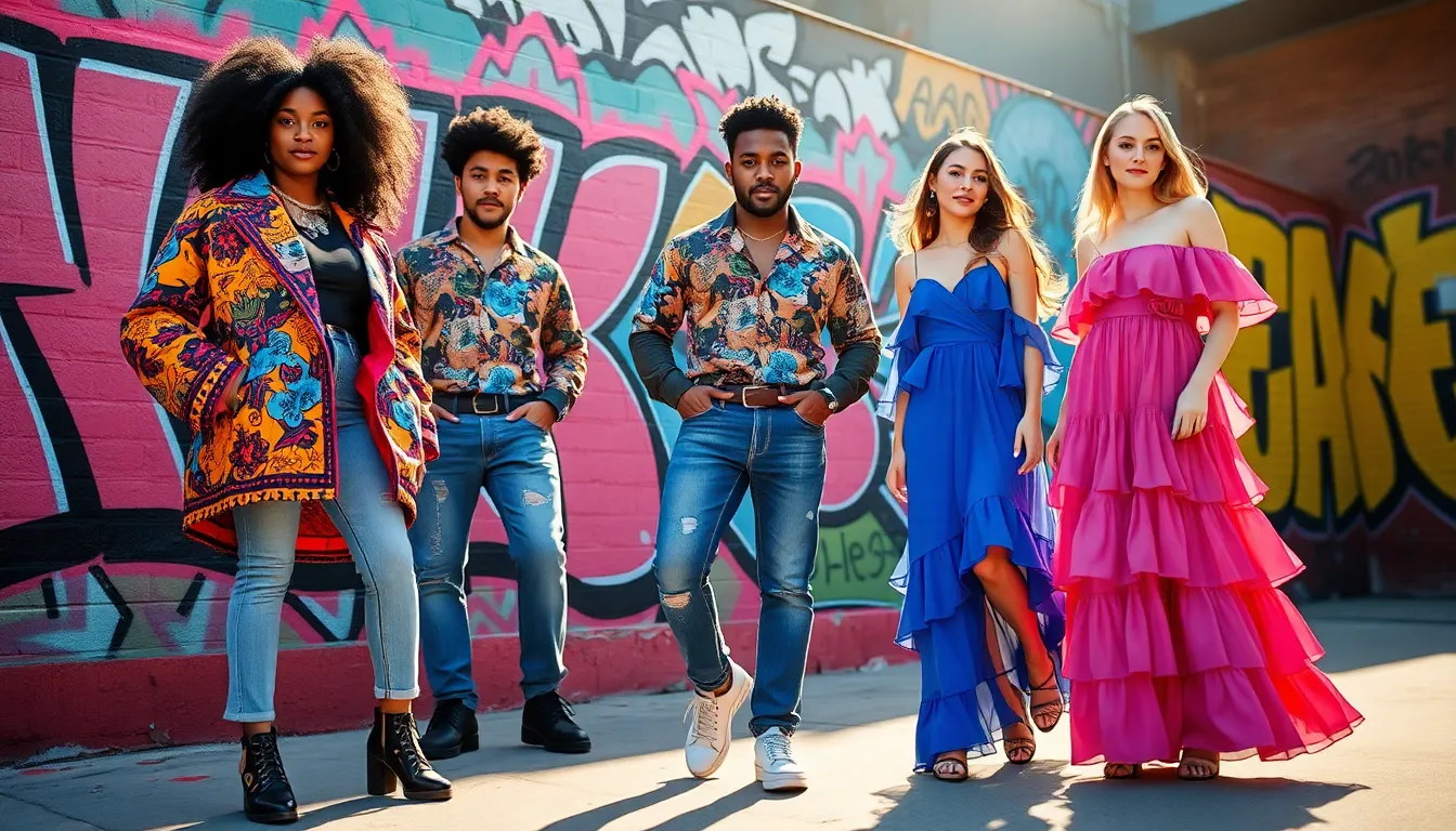 a group of young adults showcasing vibrant Hibbegs Homerocketrealty fashion in an urban environment.