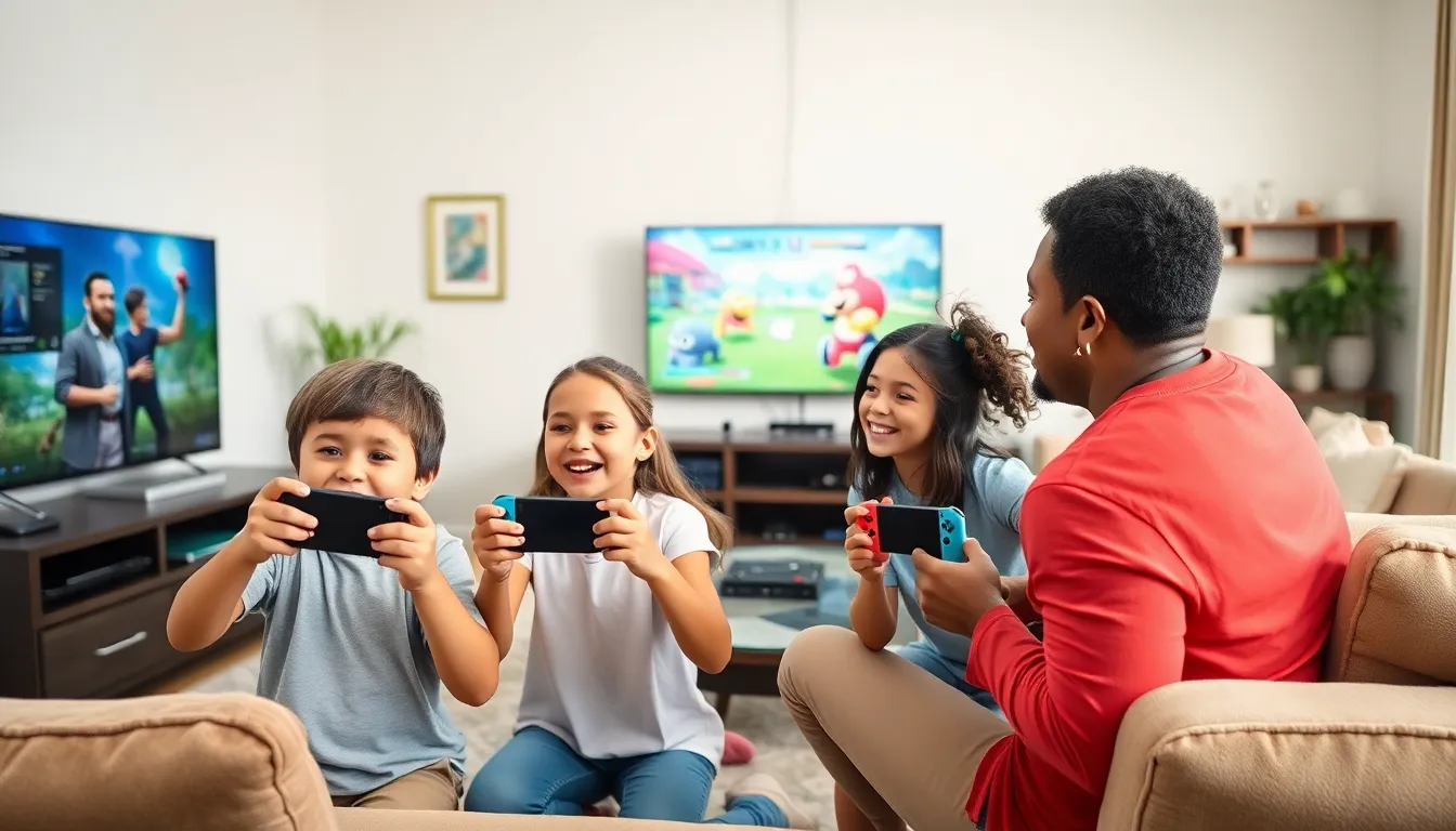family enjoying Nintendo Switch games in a cozy living room.