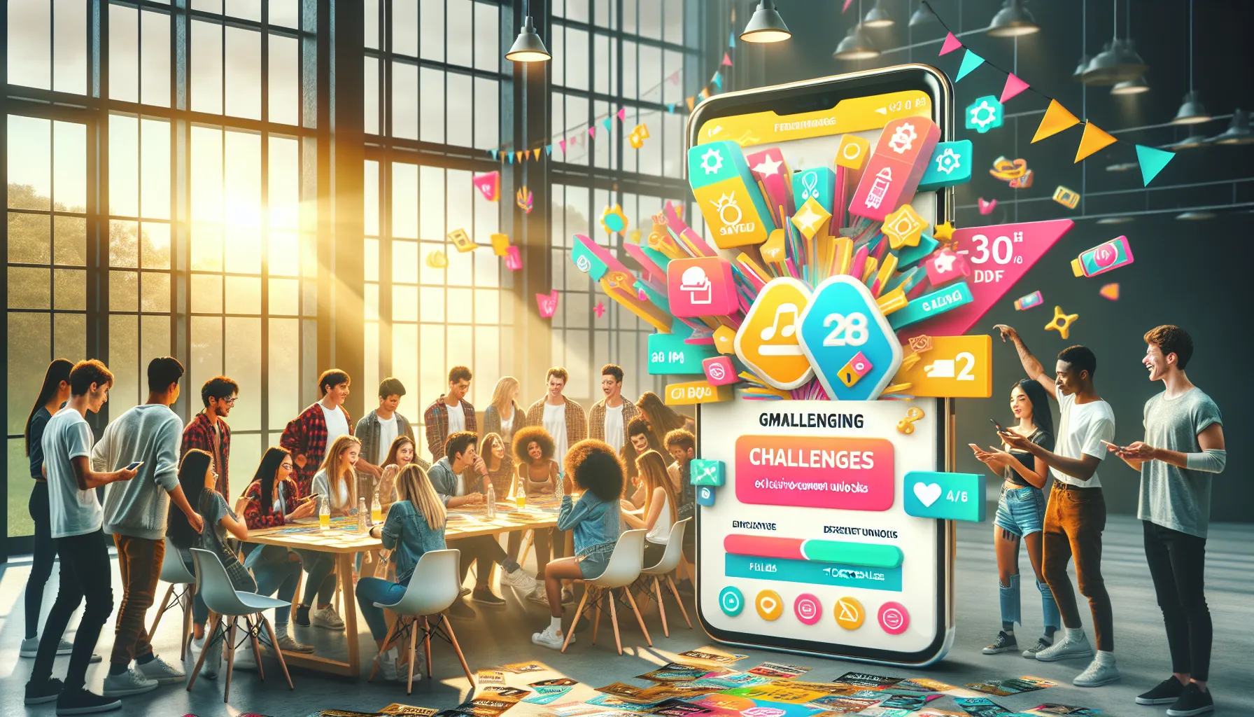 Diverse group engaging with a gamification app for ticket sales.