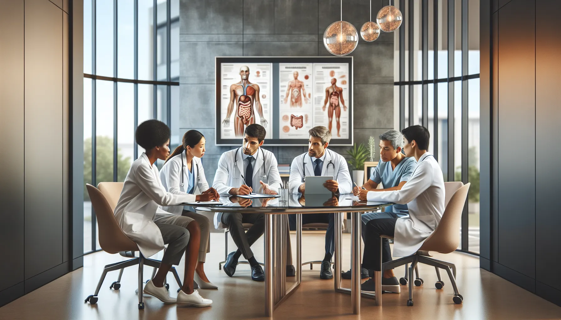 healthcare team discussing trattsjuka in a modern office.