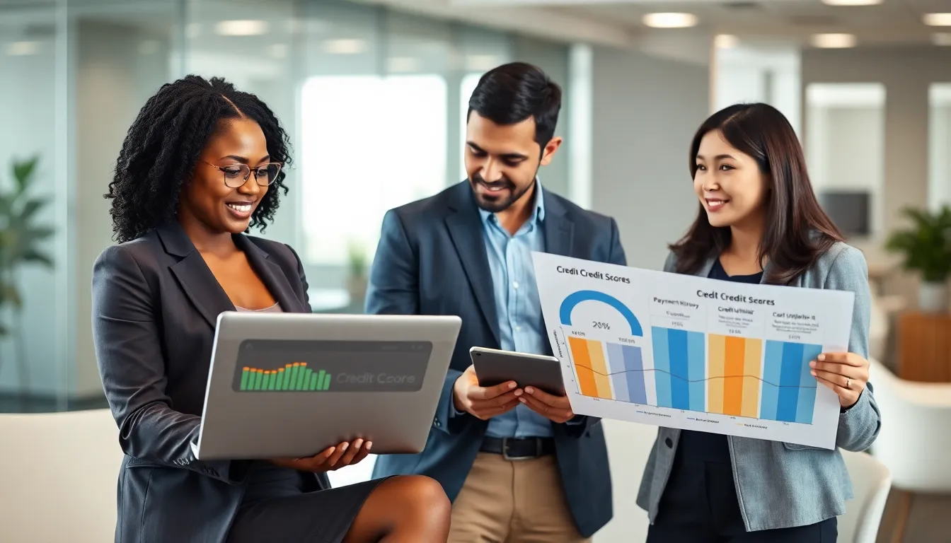 team discussing credit scores in a modern office.