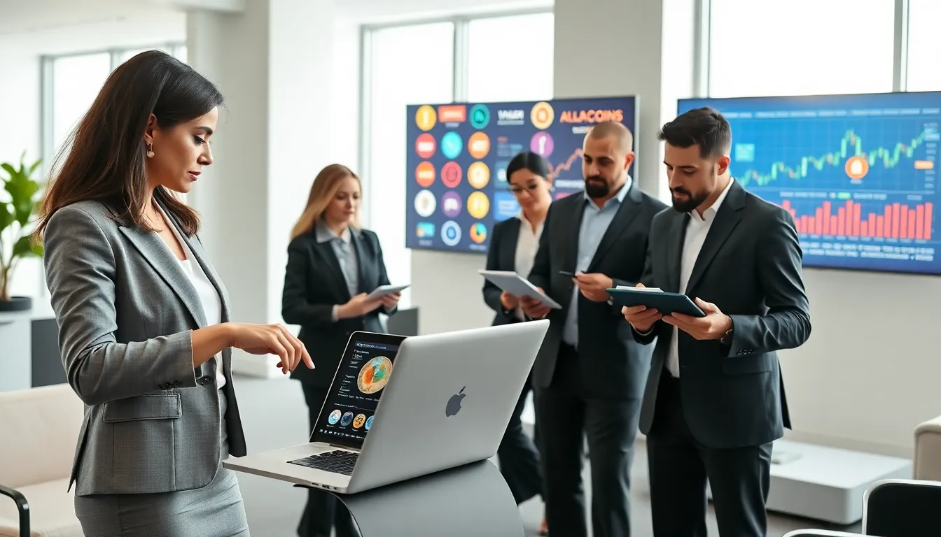 professionals discussing altcoins in a modern office setting.
