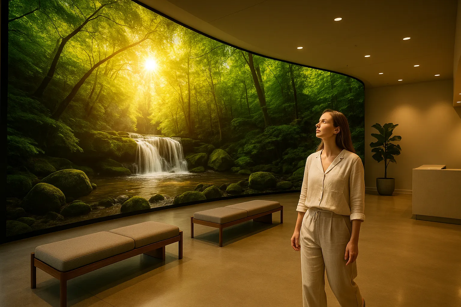 Woman admiring a large curved LED video wall displaying nature footage in a spa lobby.